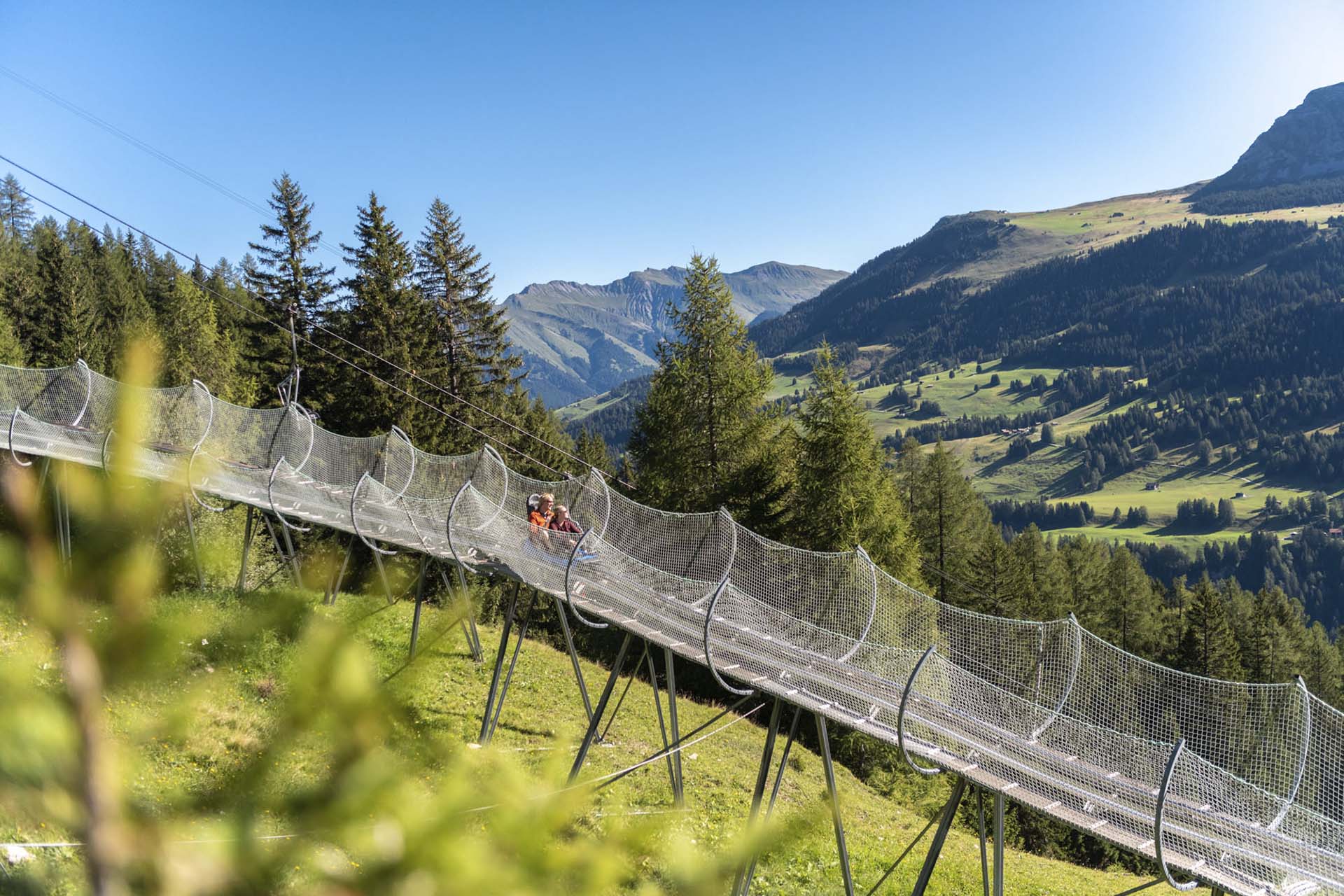 Person fährt mit der Rodelbahn den Erlebnisberg in der Lenzerheide hinunter