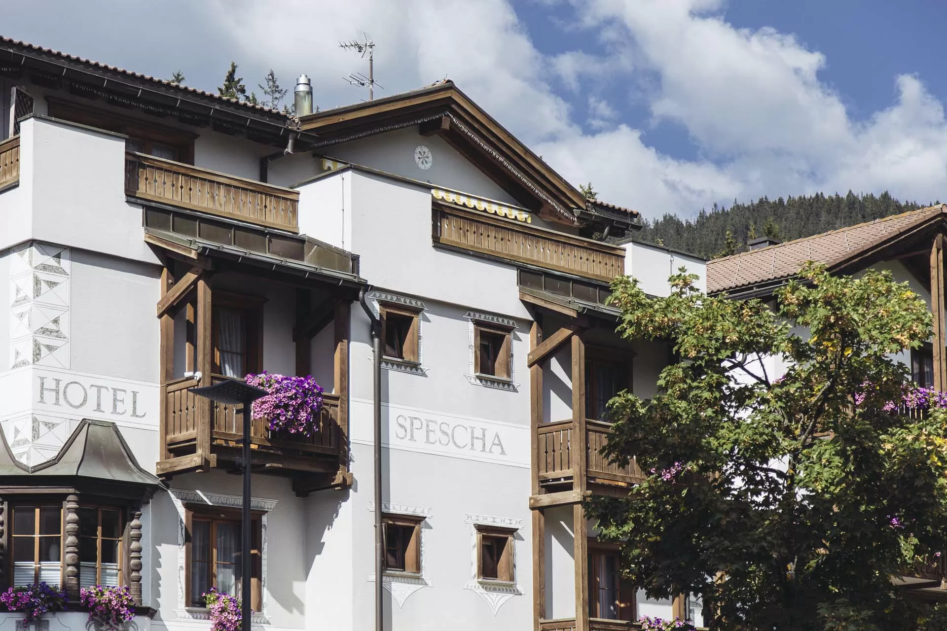 Aussenansicht Hotel Spescha gegenüber vom Hotel Lenzerhorn im Sommer